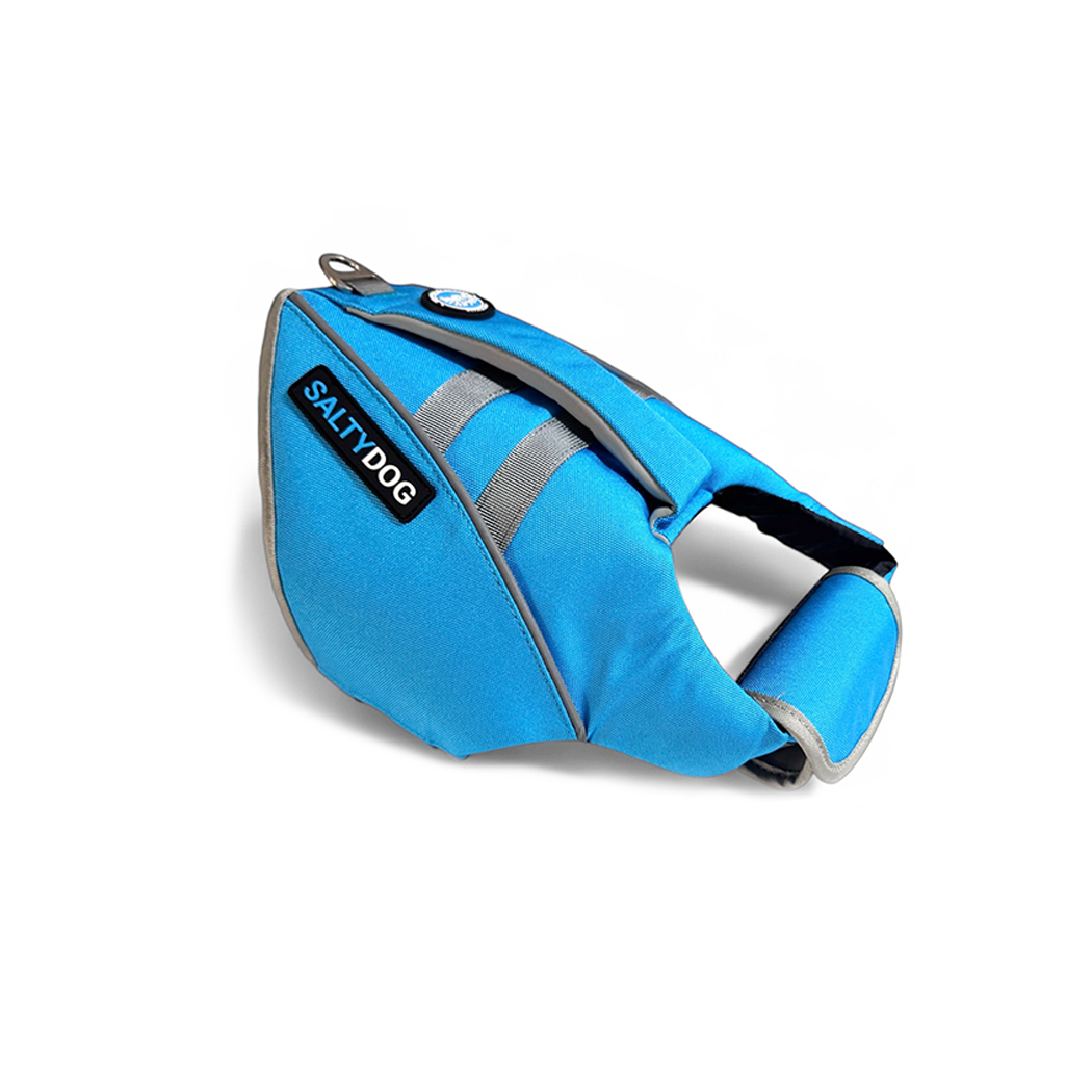 Blue SaltyDOG dog life jacket with handle and reflective trim