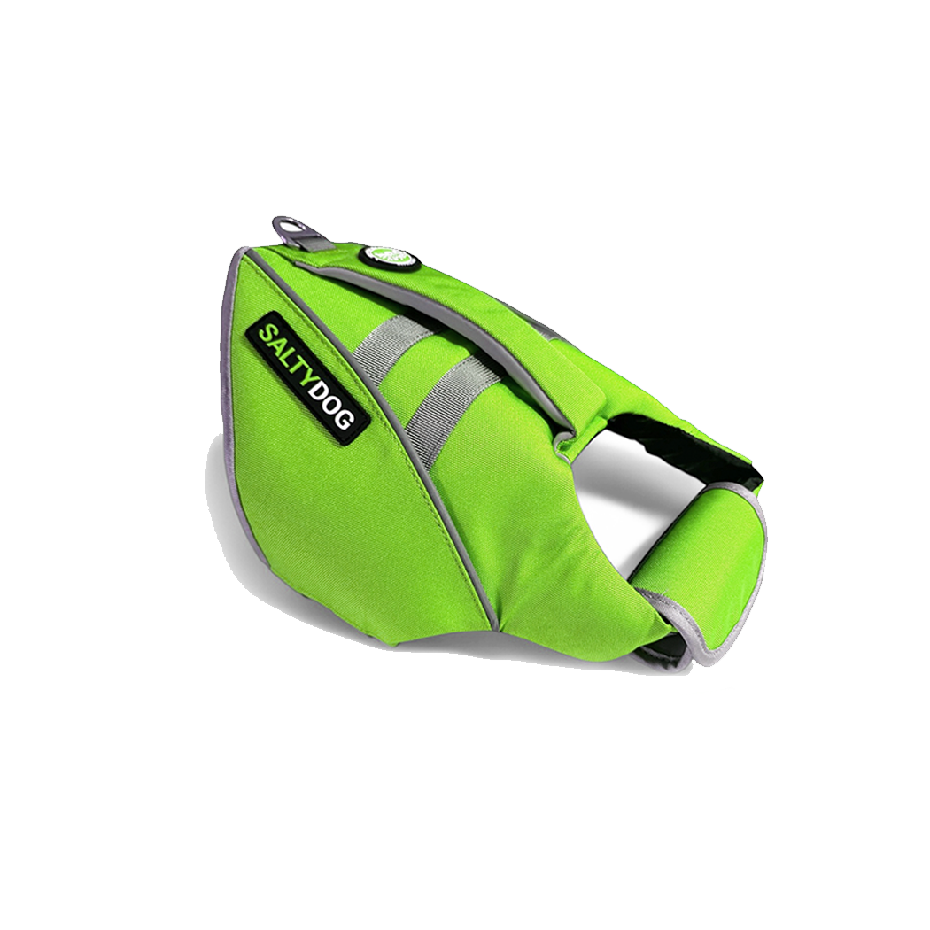 Green SaltyDOG dog life jacket with handle and reflective trim