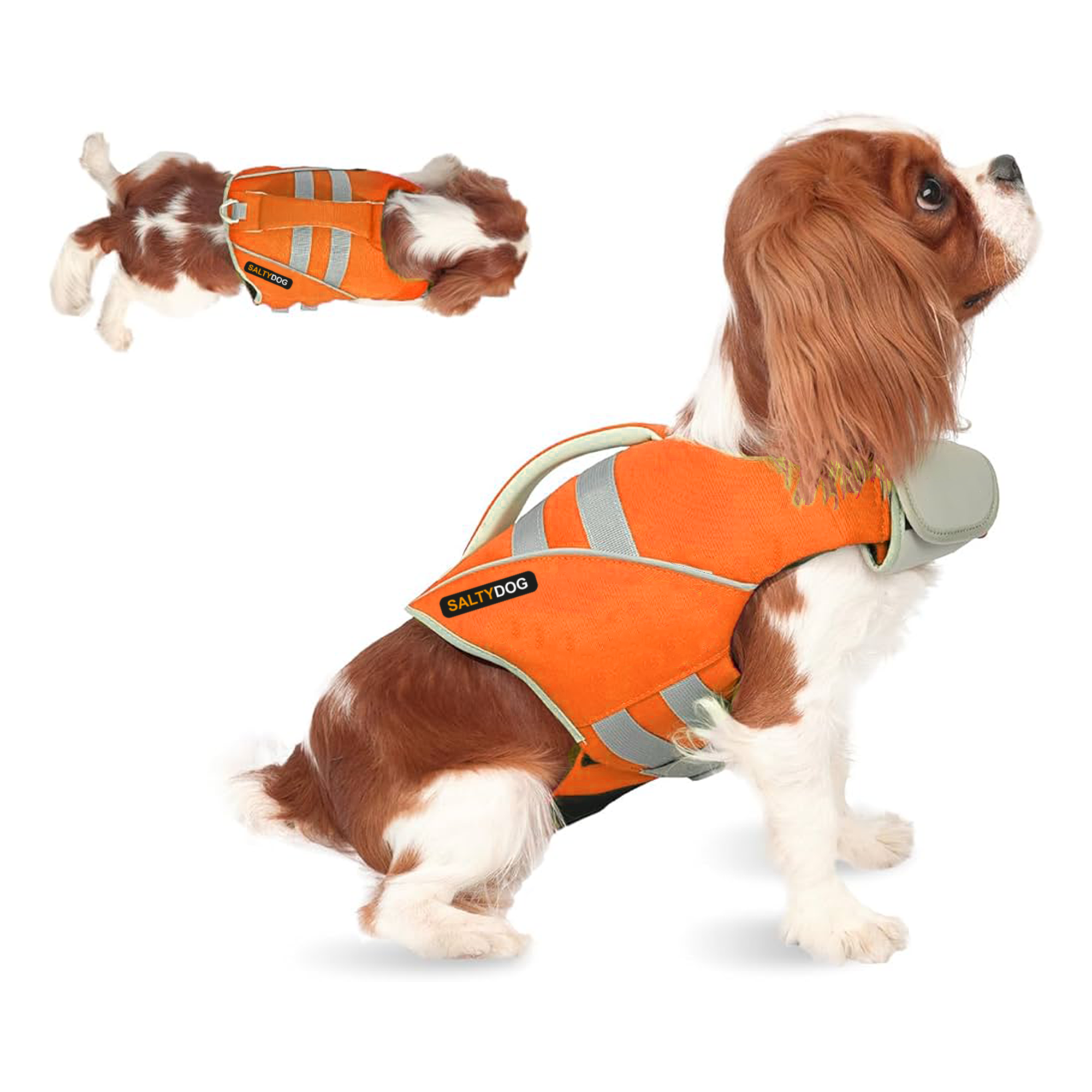 Orange SaltyDOG dog life jacket with handle and reflective trim