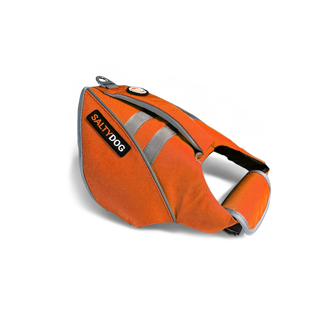 Orange SaltyDOG dog life jacket with handle and reflective trim