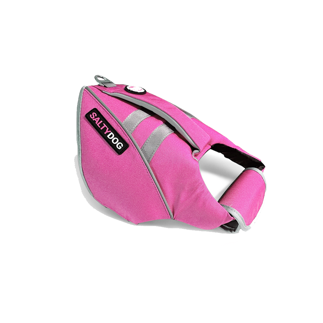 Pink SaltyDOG dog life jacket with handle and reflective trim
