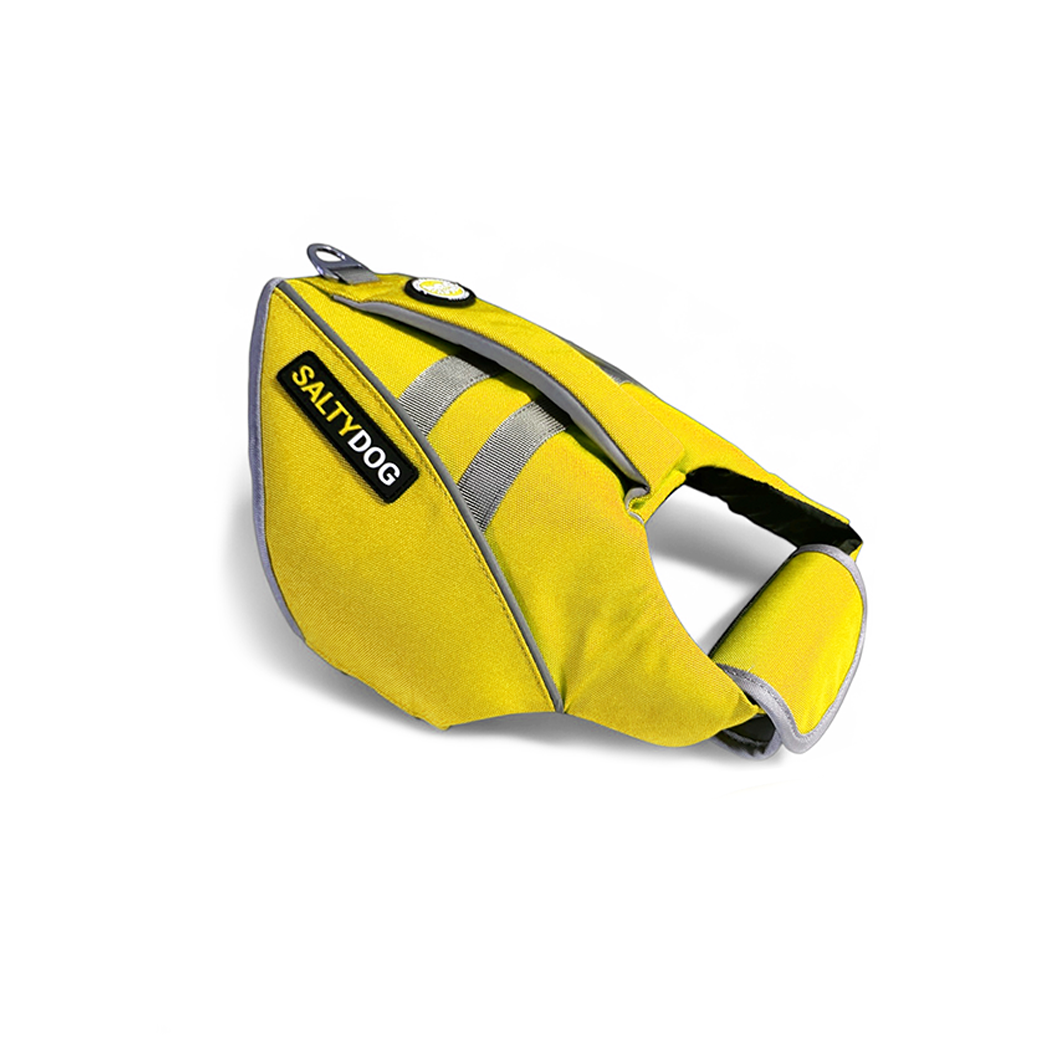 Yellow SaltyDOG dog life jacket with handle and reflective trim
