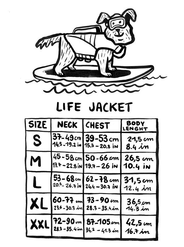Blue SaltyDOG dog life jacket with handle and reflective trim size guide