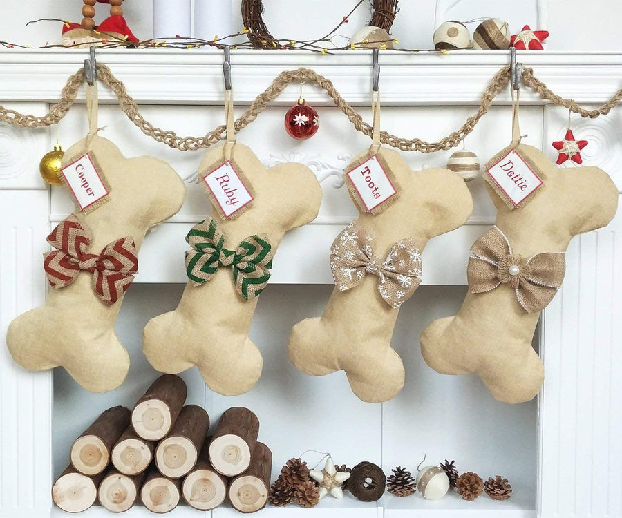 Dog Bone Christmas Stocking - Red Bow