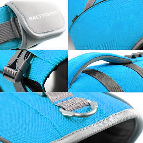 Blue SaltyDOG dog life jacket with handle and reflective trim