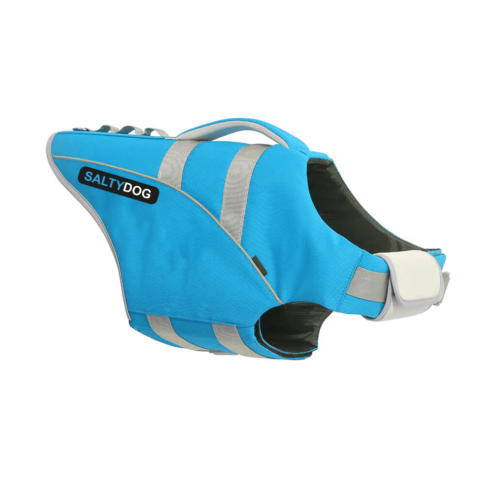Blue SaltyDOG dog life jacket with handle and reflective trim