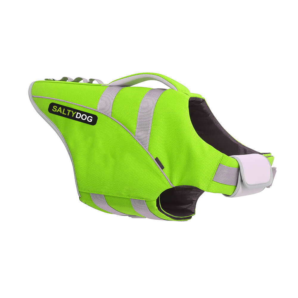 Green SaltyDOG dog life jacket with handle and reflective trim