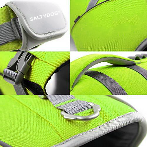 Green SaltyDOG dog life jacket with handle and reflective trim