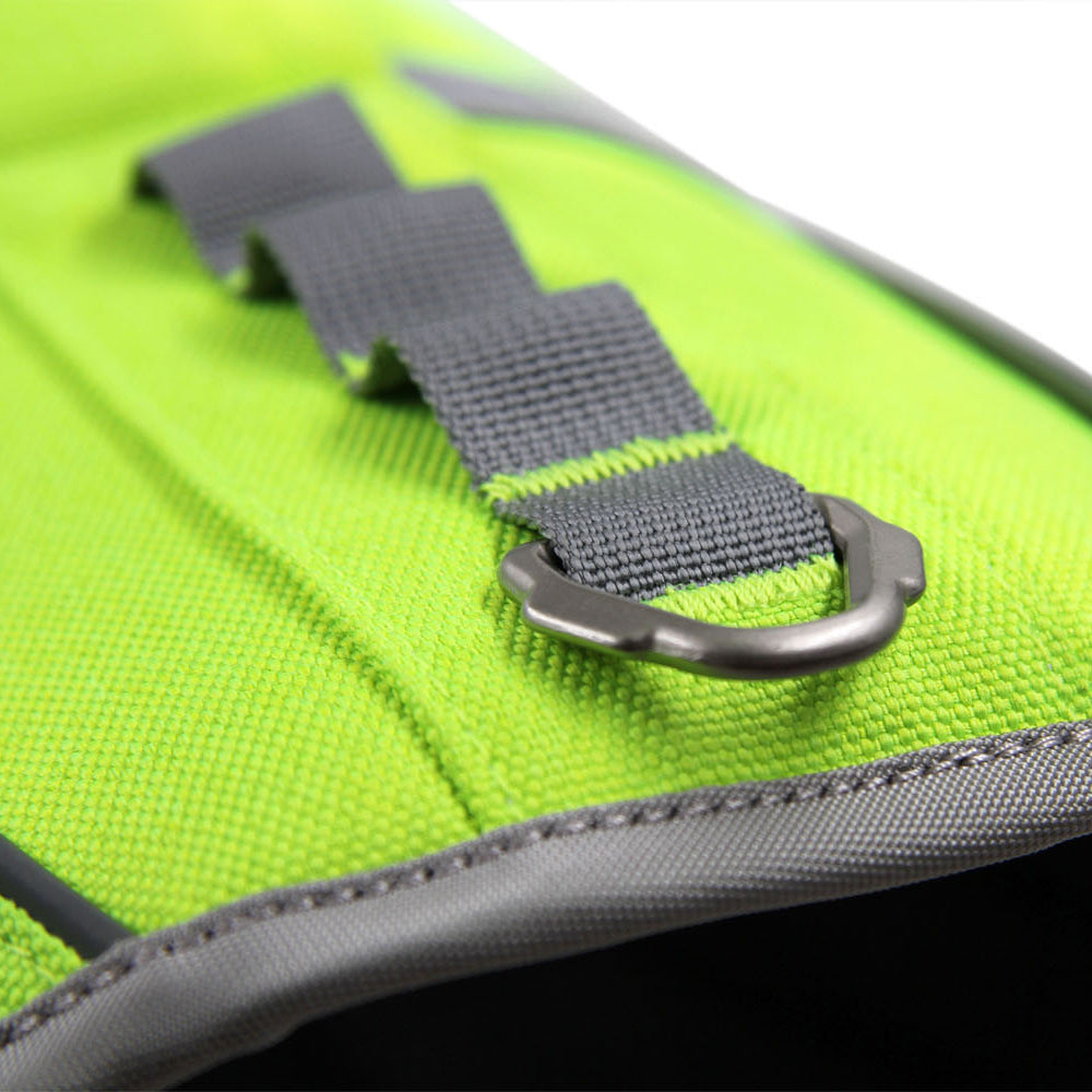 Green SaltyDOG dog life jacket with handle and reflective trim