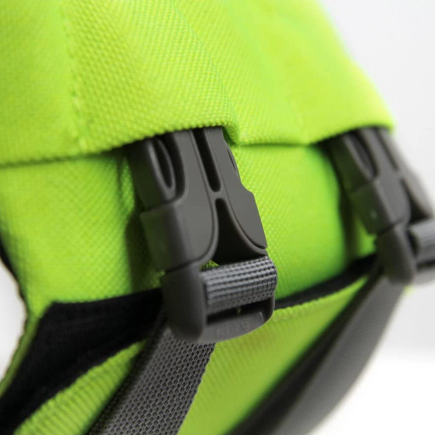 Green SaltyDOG dog life jacket with handle and reflective trim