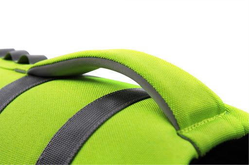Green SaltyDOG dog life jacket with handle and reflective trim