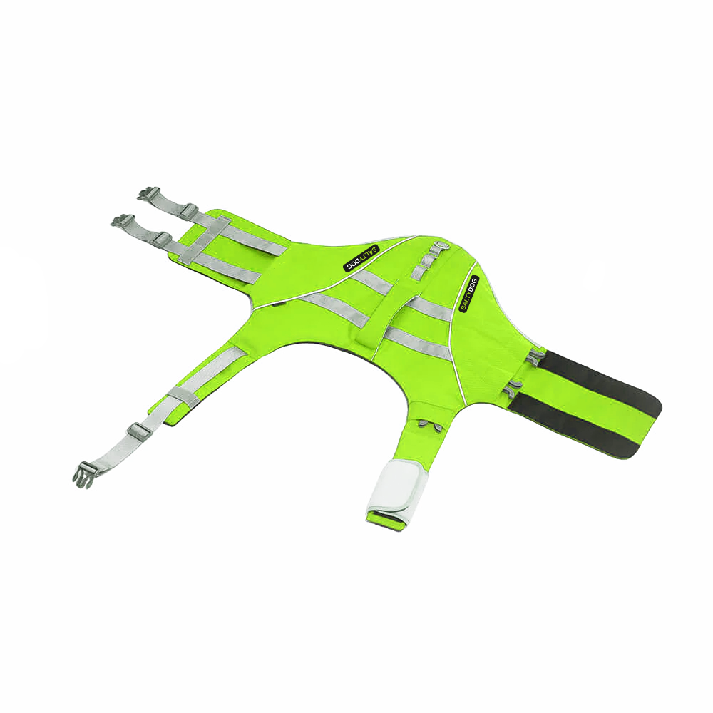 Green SaltyDOG dog life jacket with handle and reflective trim