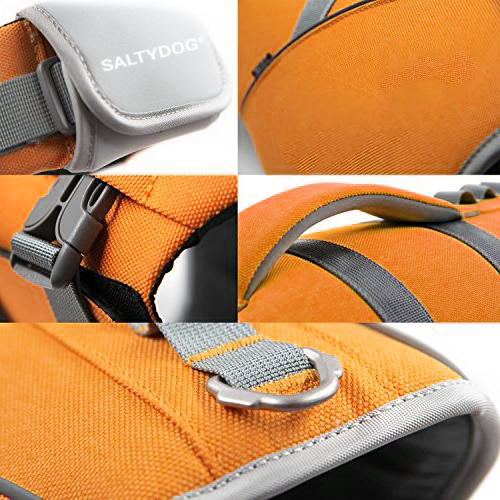 Orange SaltyDOG dog life jacket with handle and reflective trim