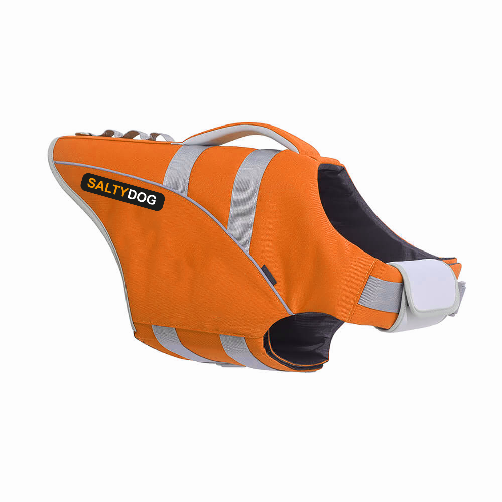 Orange SaltyDOG dog life jacket with handle and reflective trim