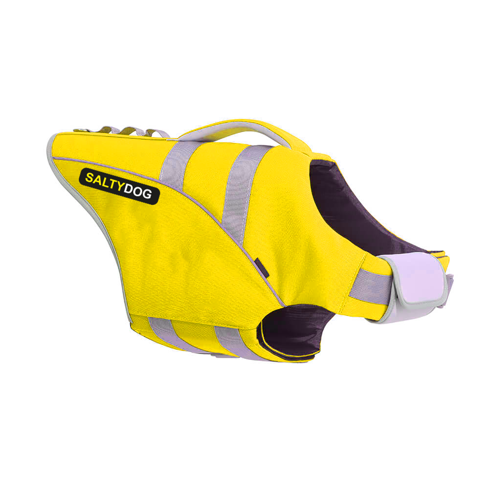 Yellow SaltyDOG dog life jacket with handle and reflective trim