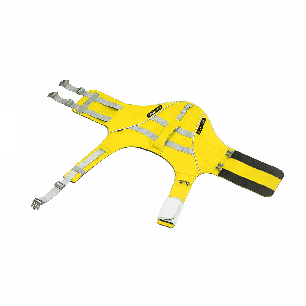 Yellow SaltyDOG dog life jacket with handle and reflective trim